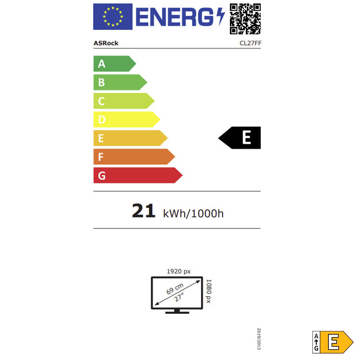 Etykieta energetyczna dla monitora ASRock, z oceną E. Wyświetla zużycie energii 21 kWh/1000h. Pokazuje wymiary monitora.