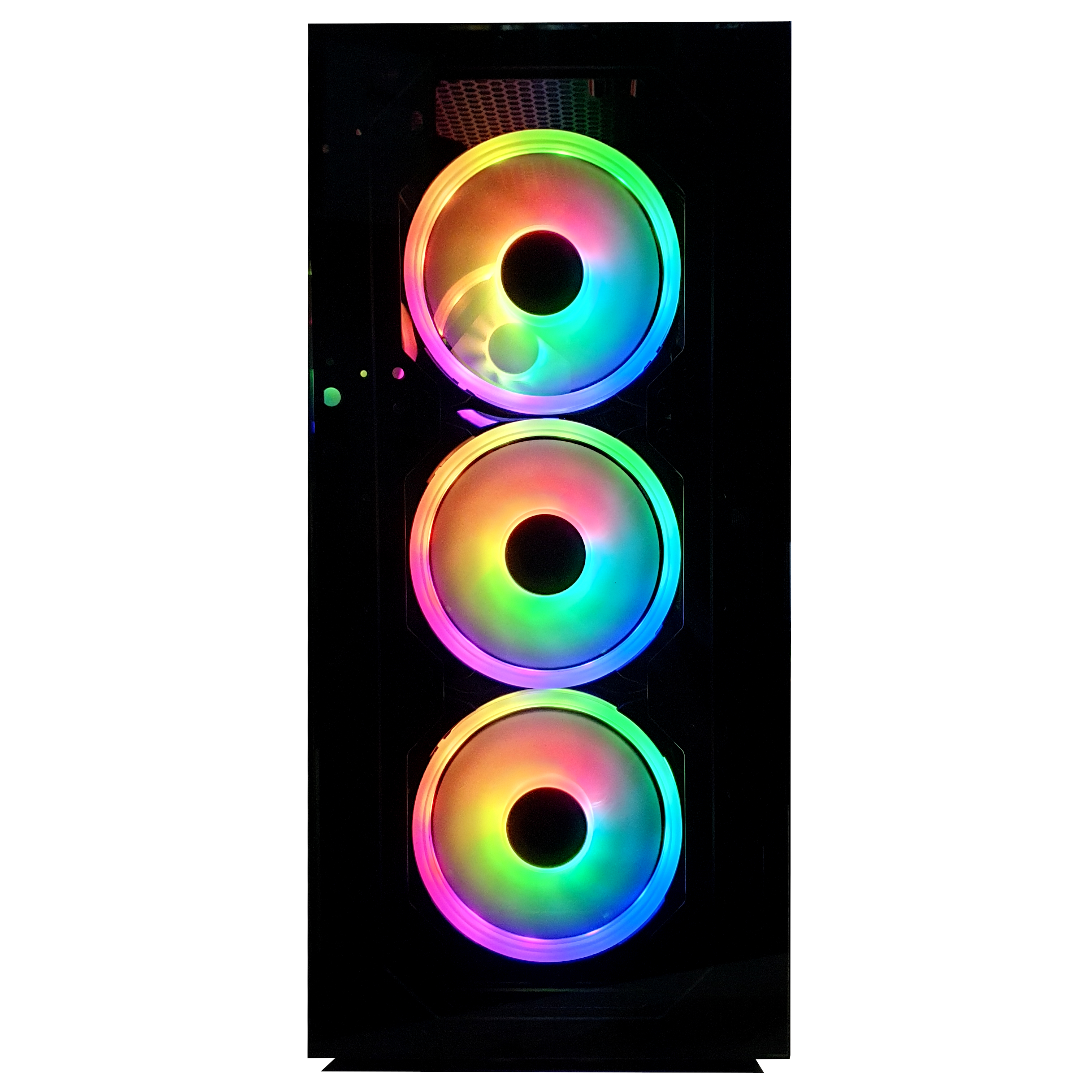 Parte frontal de la caja de PC con tres ventiladores iluminados con arcoíris. Cada ventilador es un círculo.