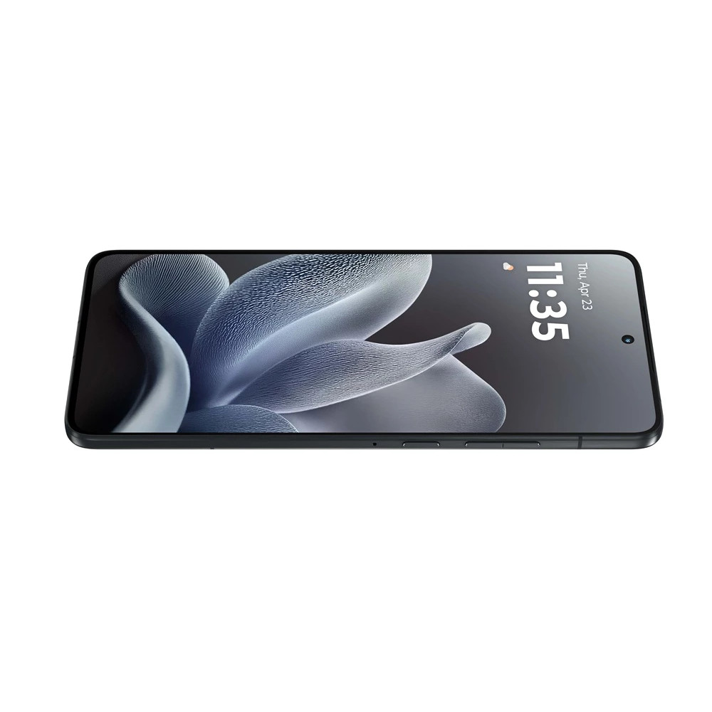Uno smartphone nero, leggermente inclinato. Lo schermo mostra un motivo floreale, l'ora 11:35 e la data. Su sfondo bianco.