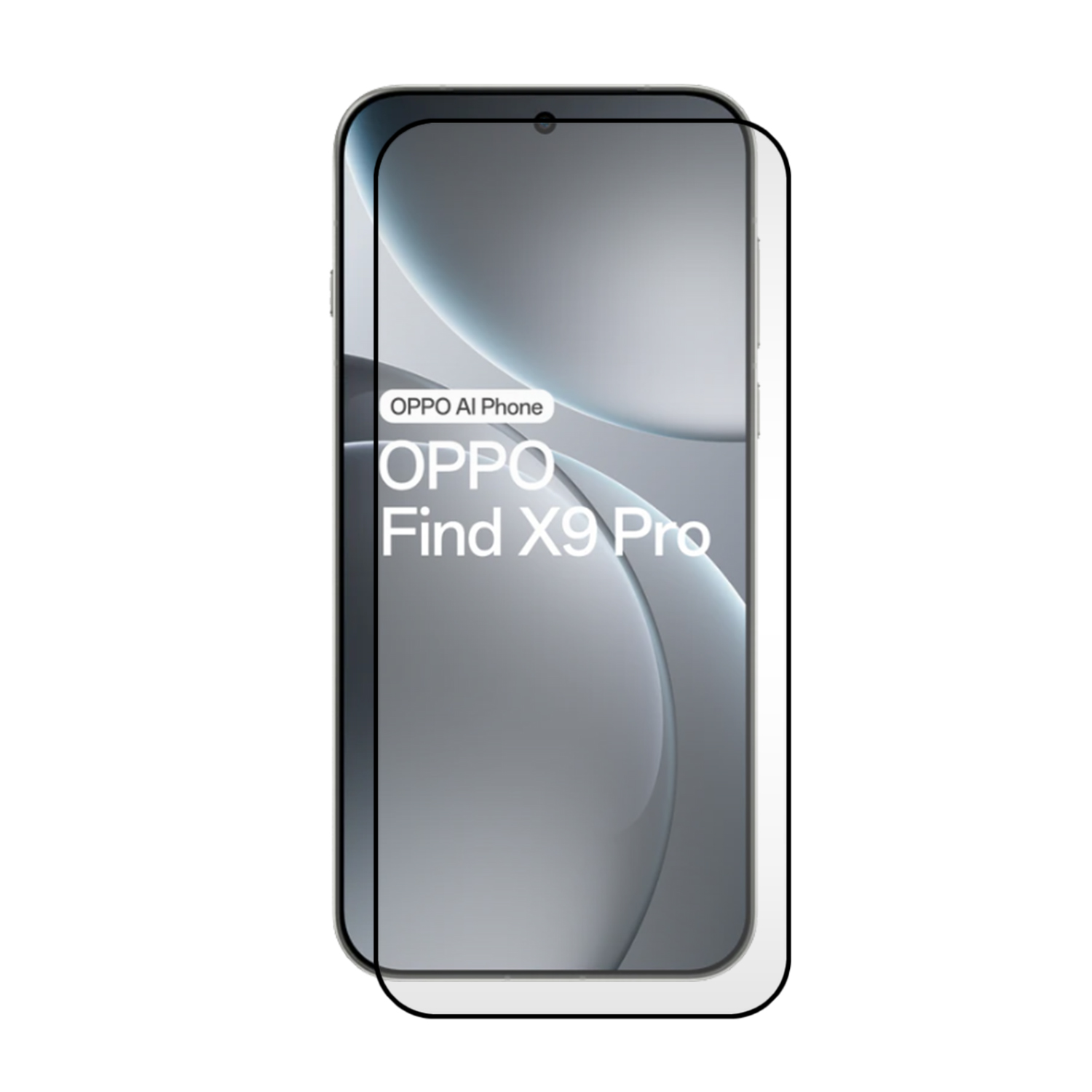 Een smartphone met een schermbeschermer. De telefoon toont het OPPO-logo en de tekst Find X9 Pro.