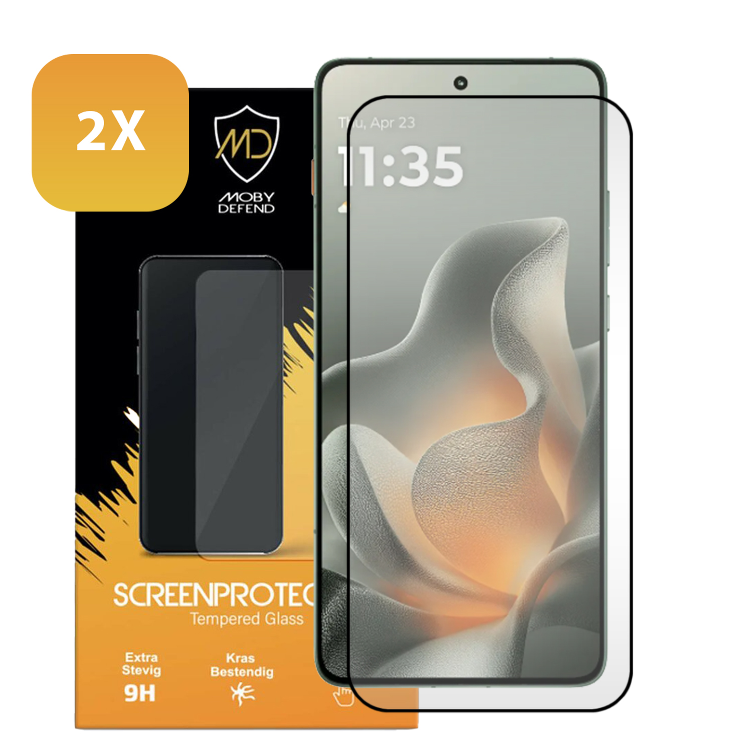 Een verpakking van een schermbeschermer voor een telefoon met een telefoon. De verpakking toont een telefoon, de merknaam en de tekst 'SCREENPROTE'.