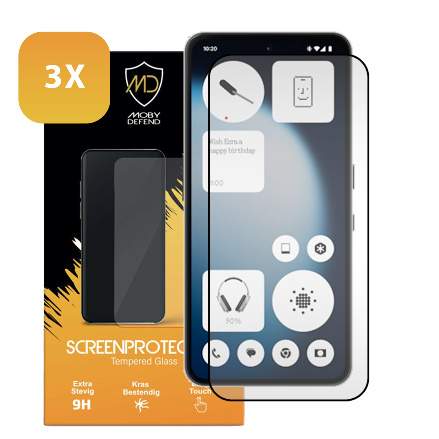 Un téléphone avec un protecteur d'écran à côté de la boîte du protecteur. La boîte dit 'SCREENPROTECT' et 'MOBY DEFEND'.