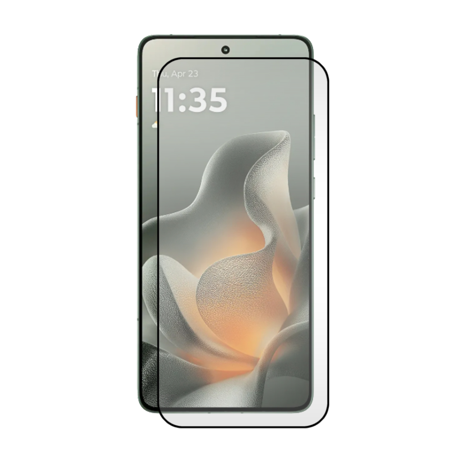 Een smartphone met een schermbeschermer. Het scherm toont de tijd en een wazig ontwerp. De telefoon staat op een witte achtergrond.