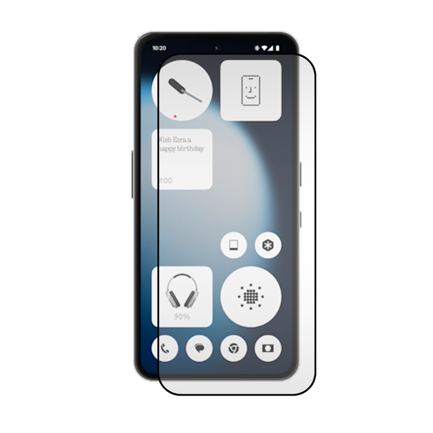 Un écran de smartphone affiche diverses icônes et widgets. Un protecteur d'écran est appliqué. L'heure est 10:20.