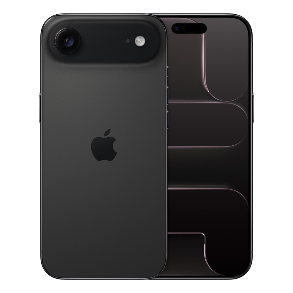 Dwa czarne smartfony obok siebie. Jeden z aparatem i logo Apple, drugi z ciemnym ekranem.