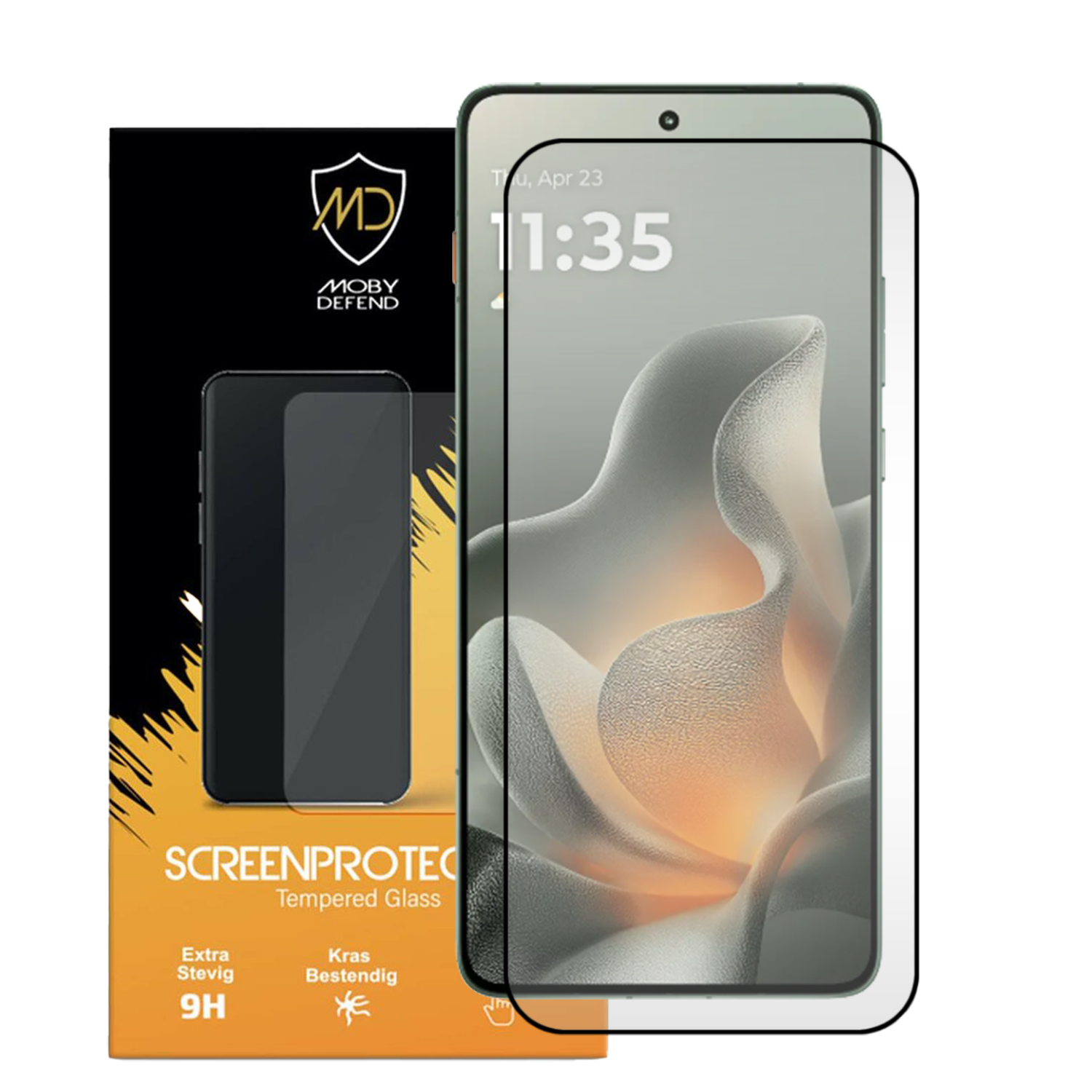 Une boîte de protection d'écran de téléphone et un téléphone avec protection d'écran appliquée. Le téléphone affiche l'heure 11h35 le 23 avril.