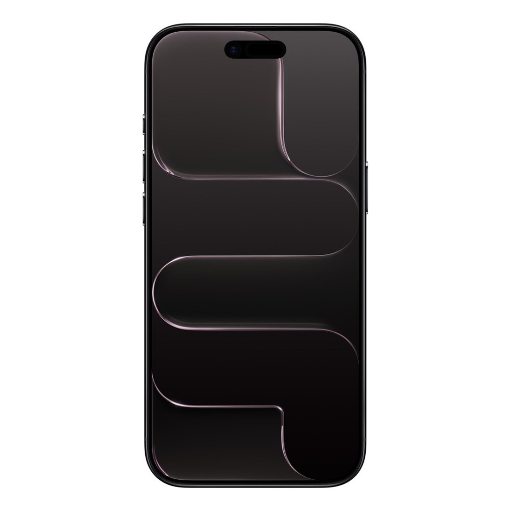 Uno smartphone scuro con schermo nero. Lo schermo ha un design con linee curve. La cornice è nera. Fotocamera visibile in alto.