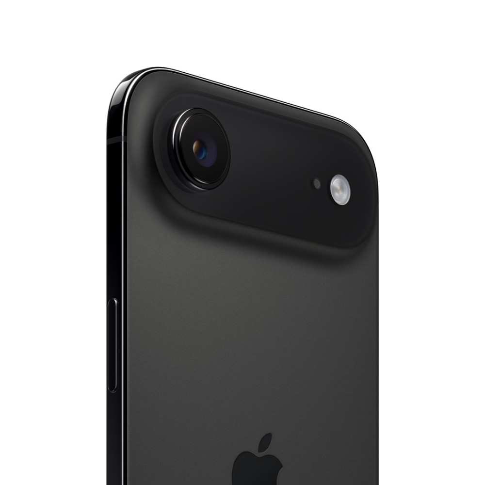 Zbliżenie czarnego iPhone'a. Widoczny aparat i lampa błyskowa. Logo Apple znajduje się na dole. Tło jest białe.