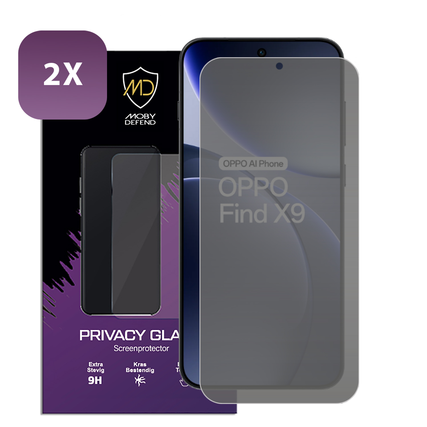 Un téléphone avec un protecteur d'écran, une boîte avec le texte Privacy Glass et un logo.
