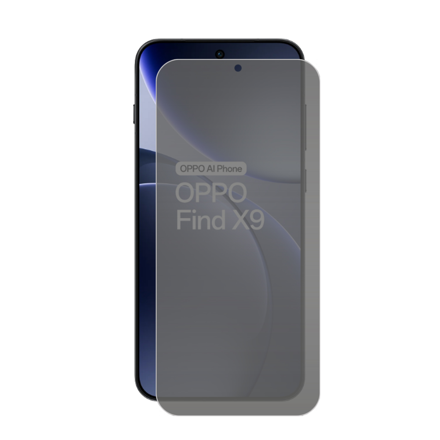 Een smartphone met een schermbeschermer. De telefoon is zwart met een blauw scherm. Tekst: 'OPPO AI Phone' en 'OPPO Find X9'.