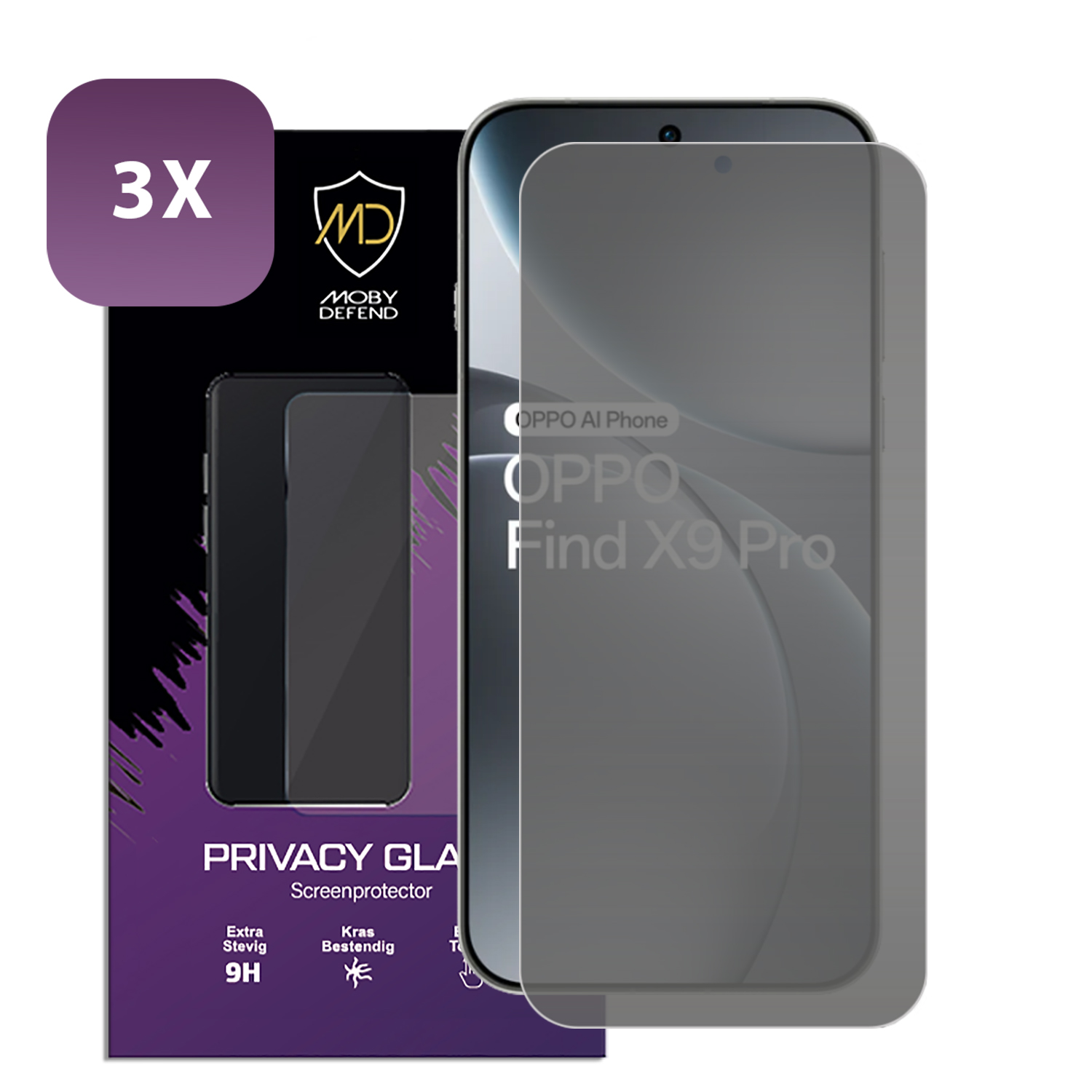 Emballage de protection d'écran de téléphone avec un téléphone. L'emballage montre la marque et le modèle de téléphone Find X9 Pro.