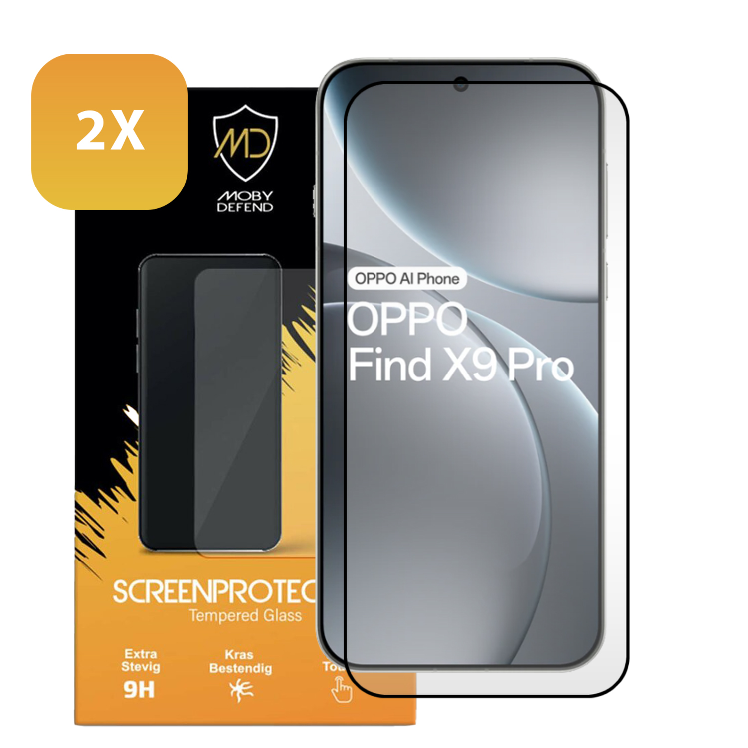 Een verpakking voor een schermbeschermer voor telefoons met een telefoonafbeelding, tekst '2X', 'OPPO Find X9 Pro' en 'SCREENPROTECT'.