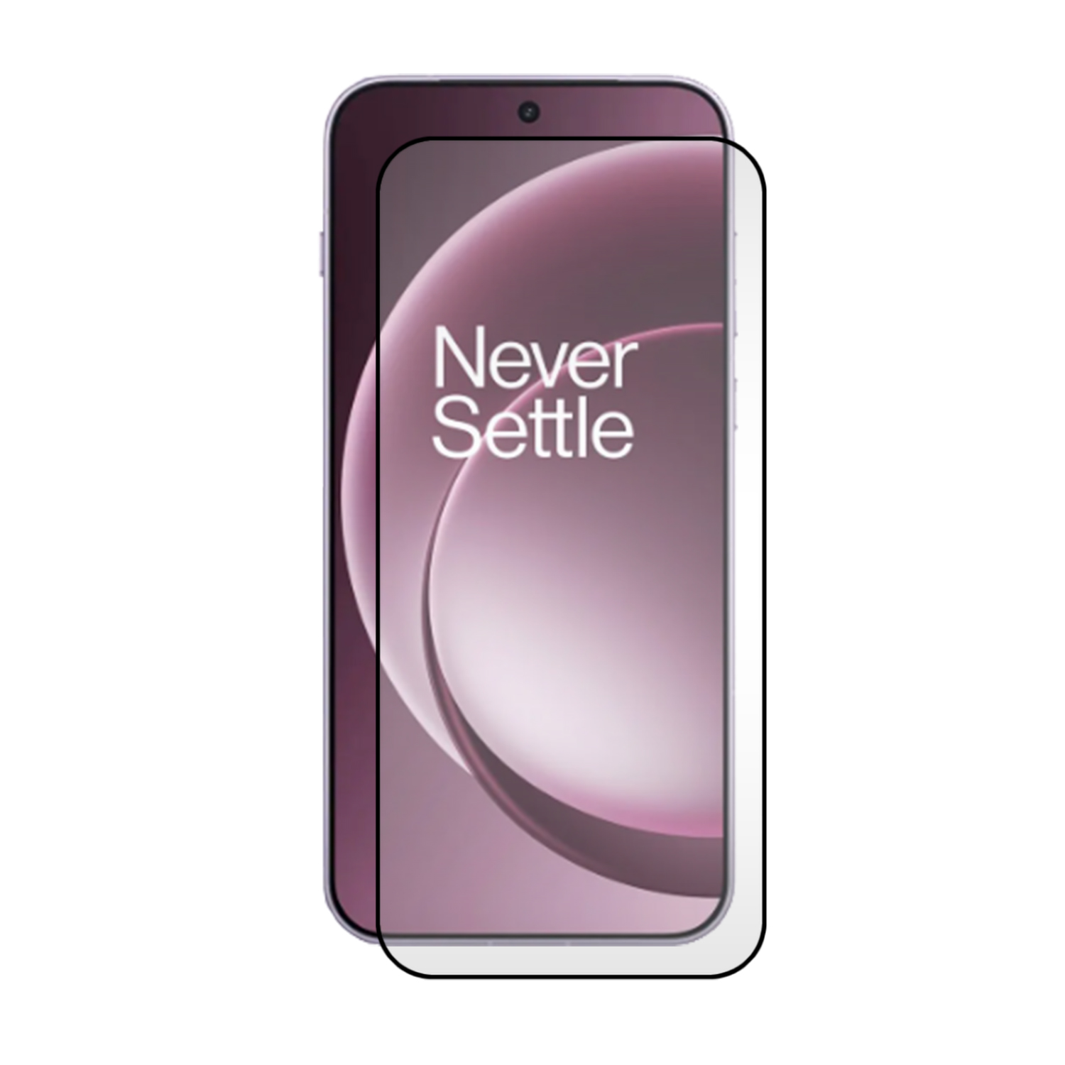 Een smartphone met een schermbeschermer. Het scherm toont een roze ontwerp en de woorden 'Never Settle'. De telefoon heeft een zwarte rand.