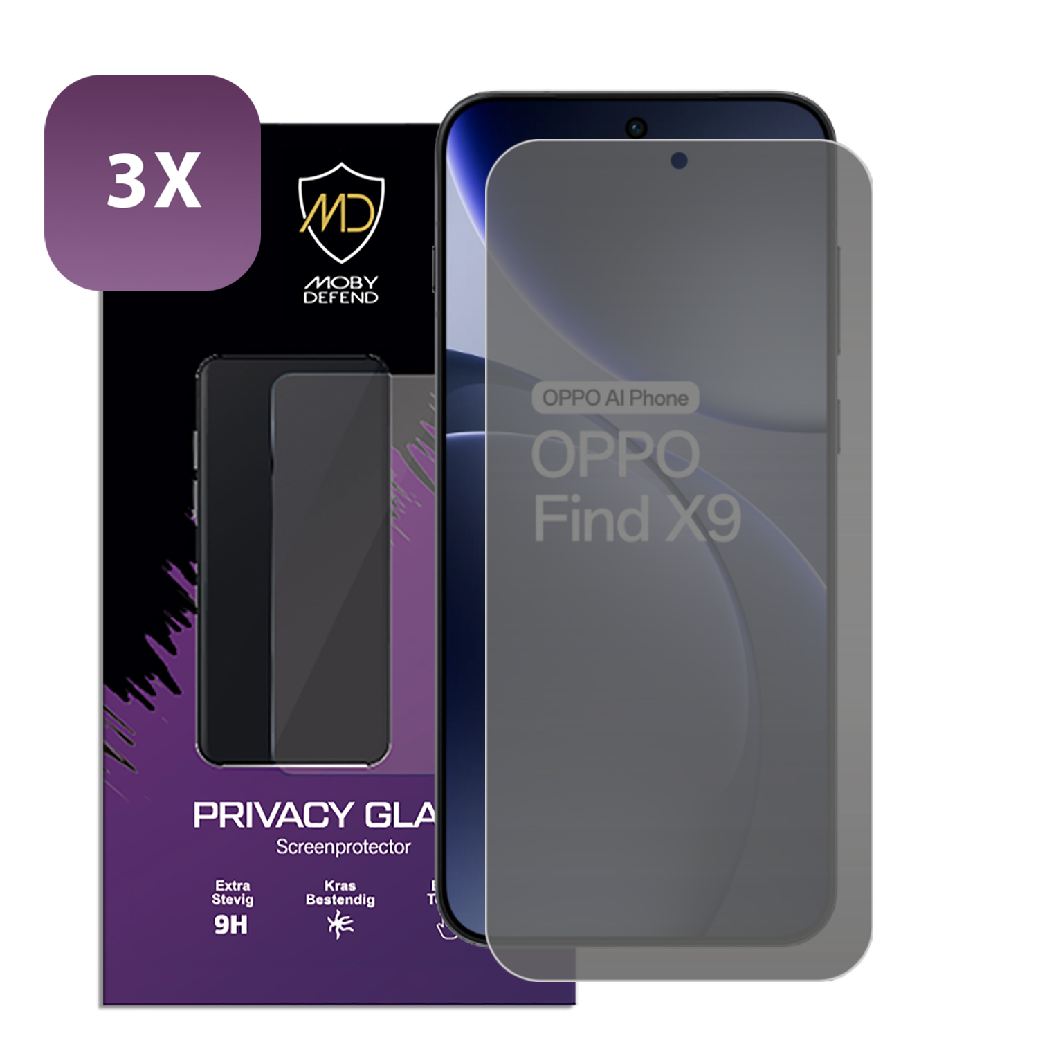 Een telefoon met een schermbeschermer, met een doos schermbeschermers op de achtergrond, tekst: 'PRIVACY GLA Screenprotector'.