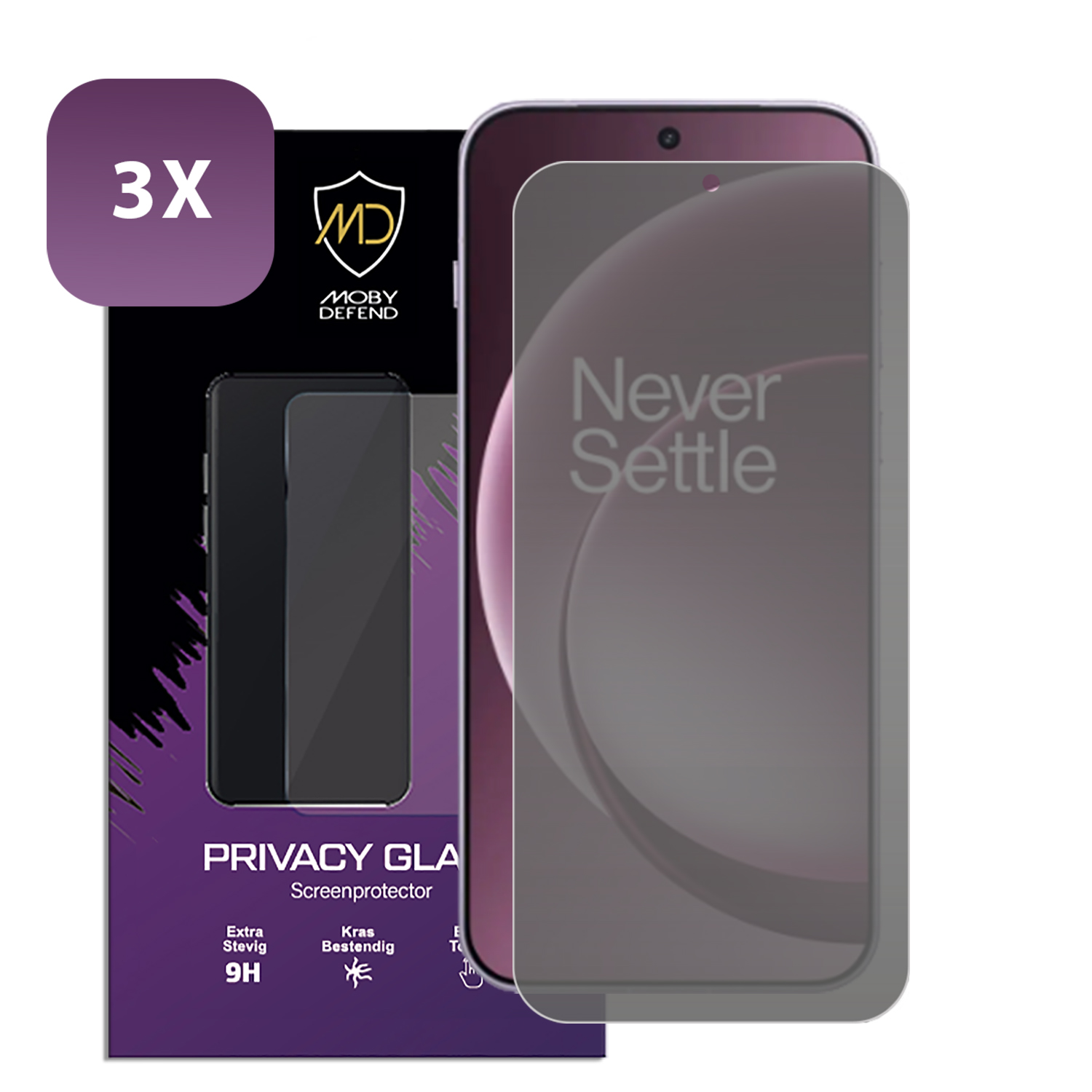 Een telefoonschermbeschermerdoos en een telefoon. De doos heeft 'PRIVACY GLA' en '9H'. De telefoon heeft 'Never Settle'.