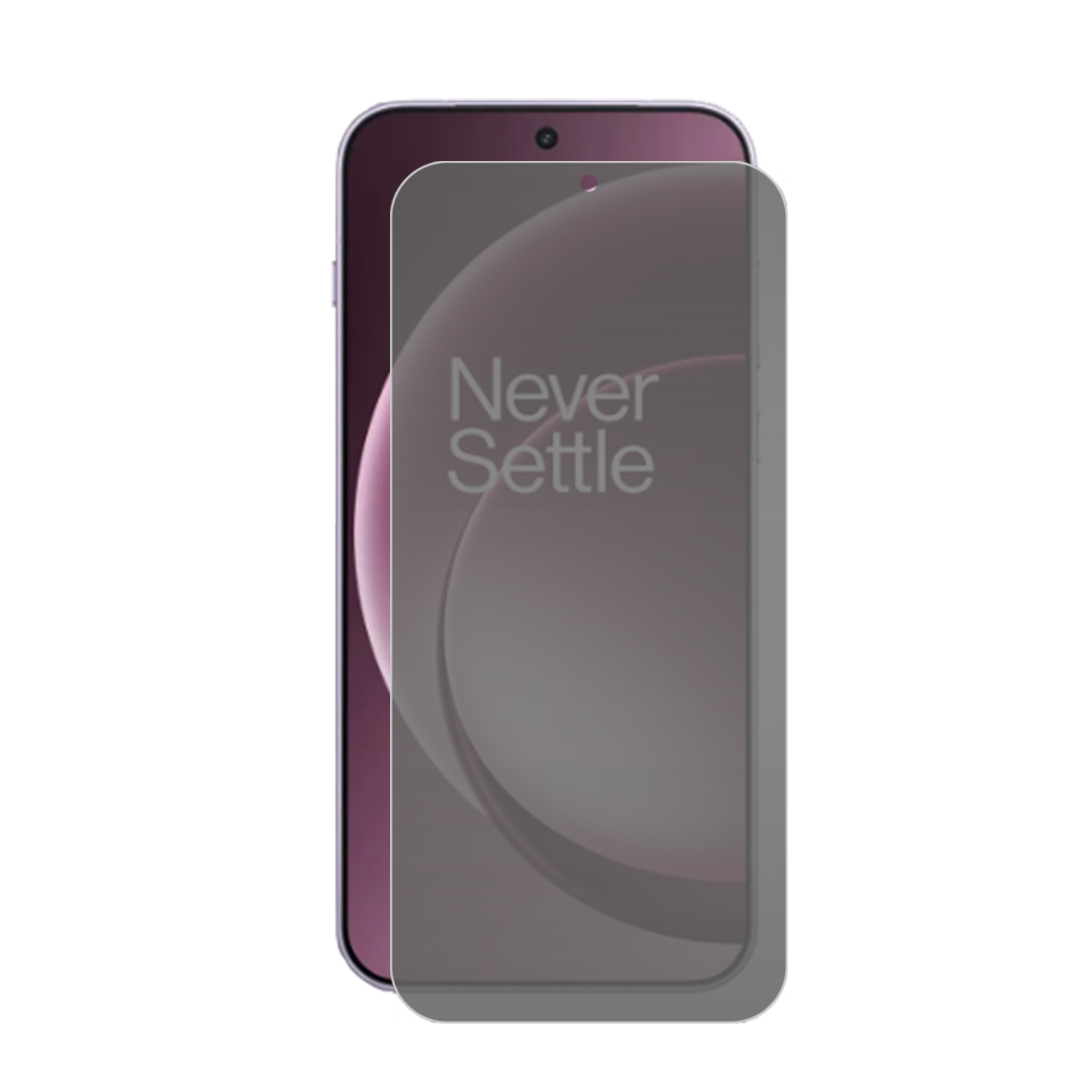 Een smartphone met een schermbeschermer. De beschermer heeft de woorden "Never Settle". De telefoon is paars.