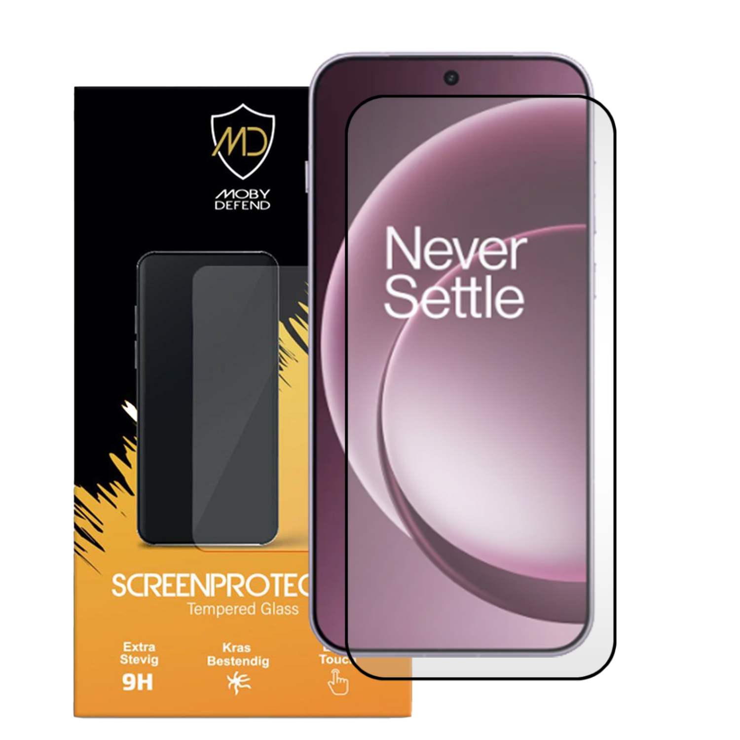 Protecteur d'écran de téléphone avec texte Never Settle. L'emballage montre un téléphone et les détails du produit.