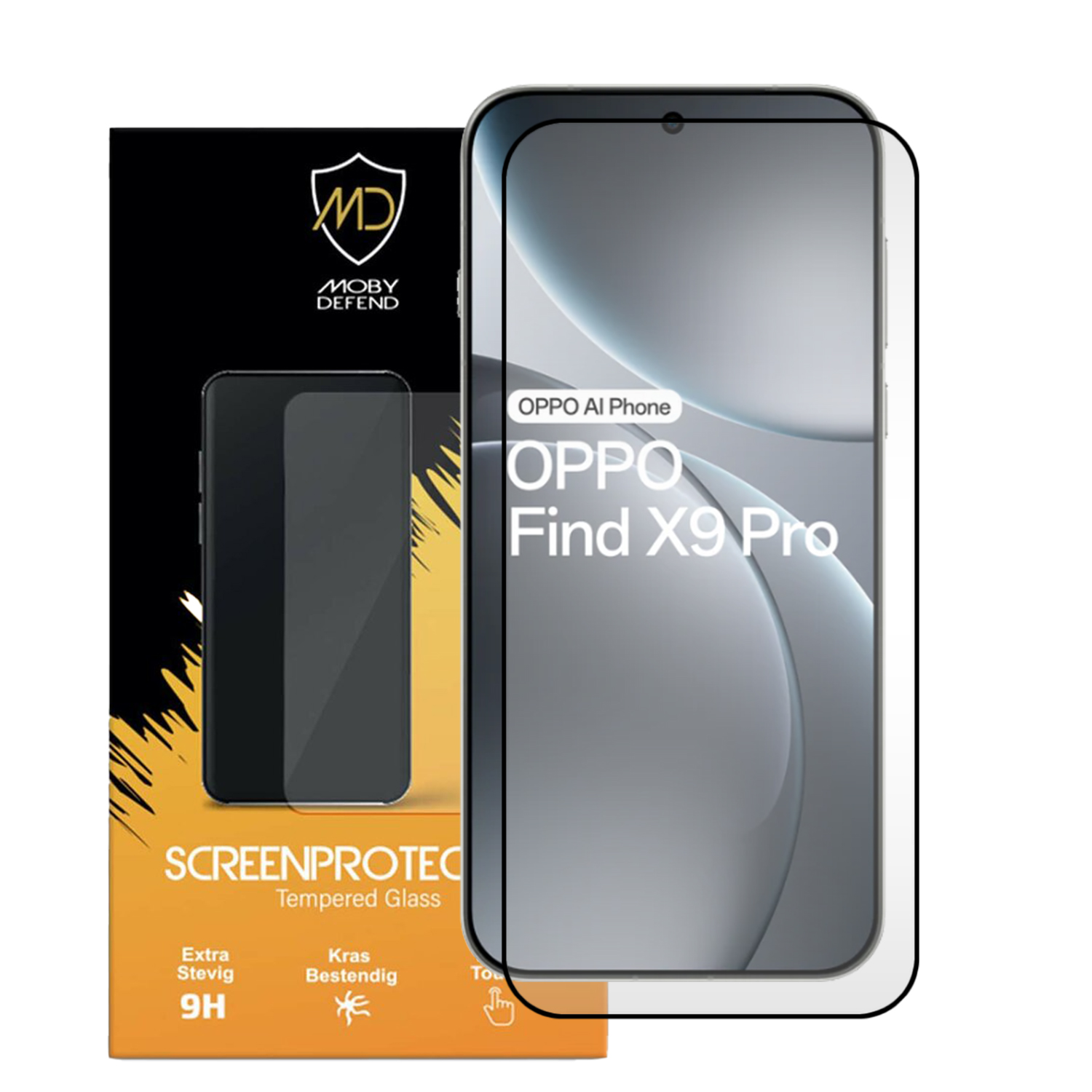 Een telefoon en een schermbeschermer doos. De telefoon toont de OPPO Find X9 Pro. De doos heeft het merk MOBY DEFEND en SCREENPROTECTION.