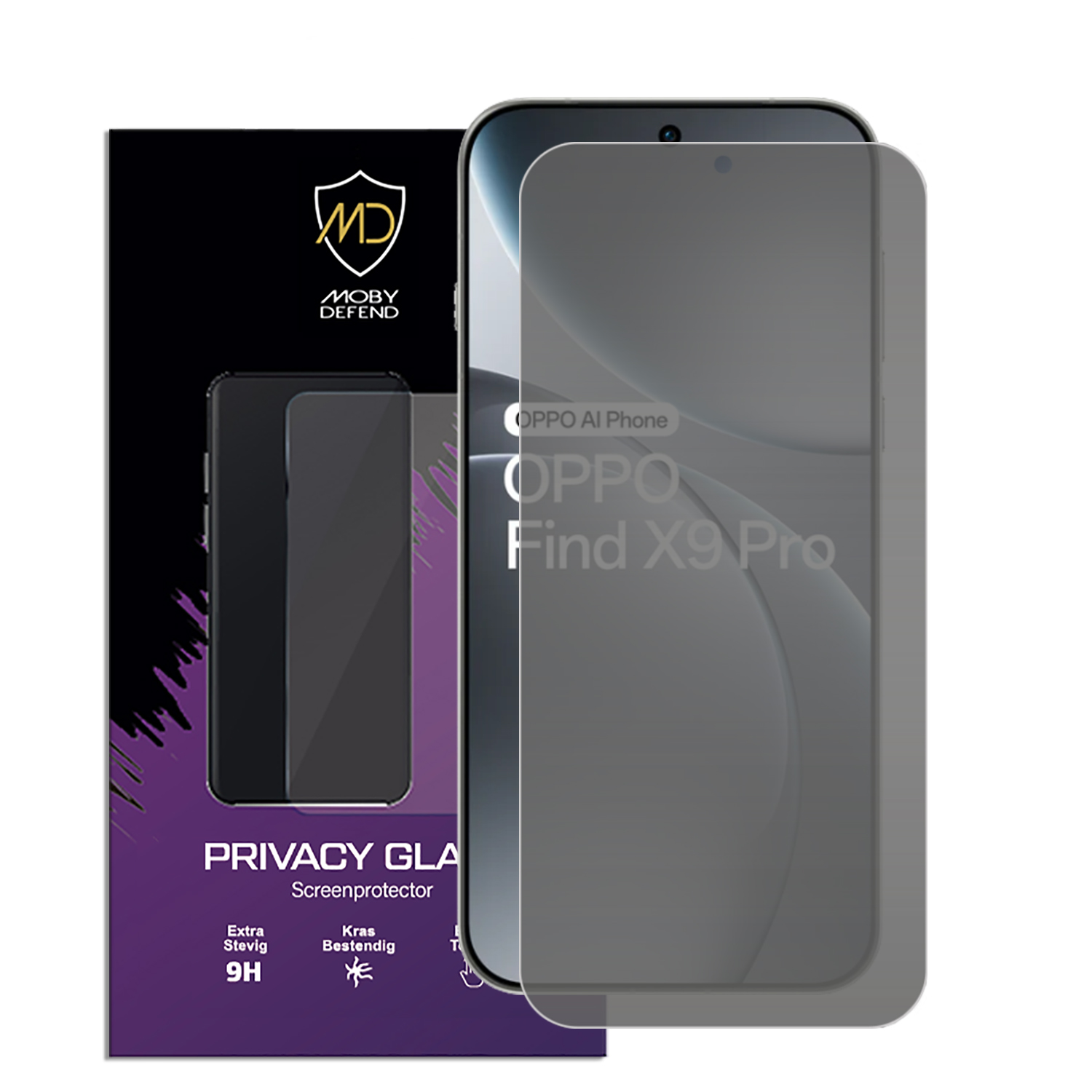 Un emballage de protection d'écran de téléphone avec un téléphone. L'emballage indique MOBY DEFEND, PRIVACY GLASS et OPPO Find X9 Pro.
