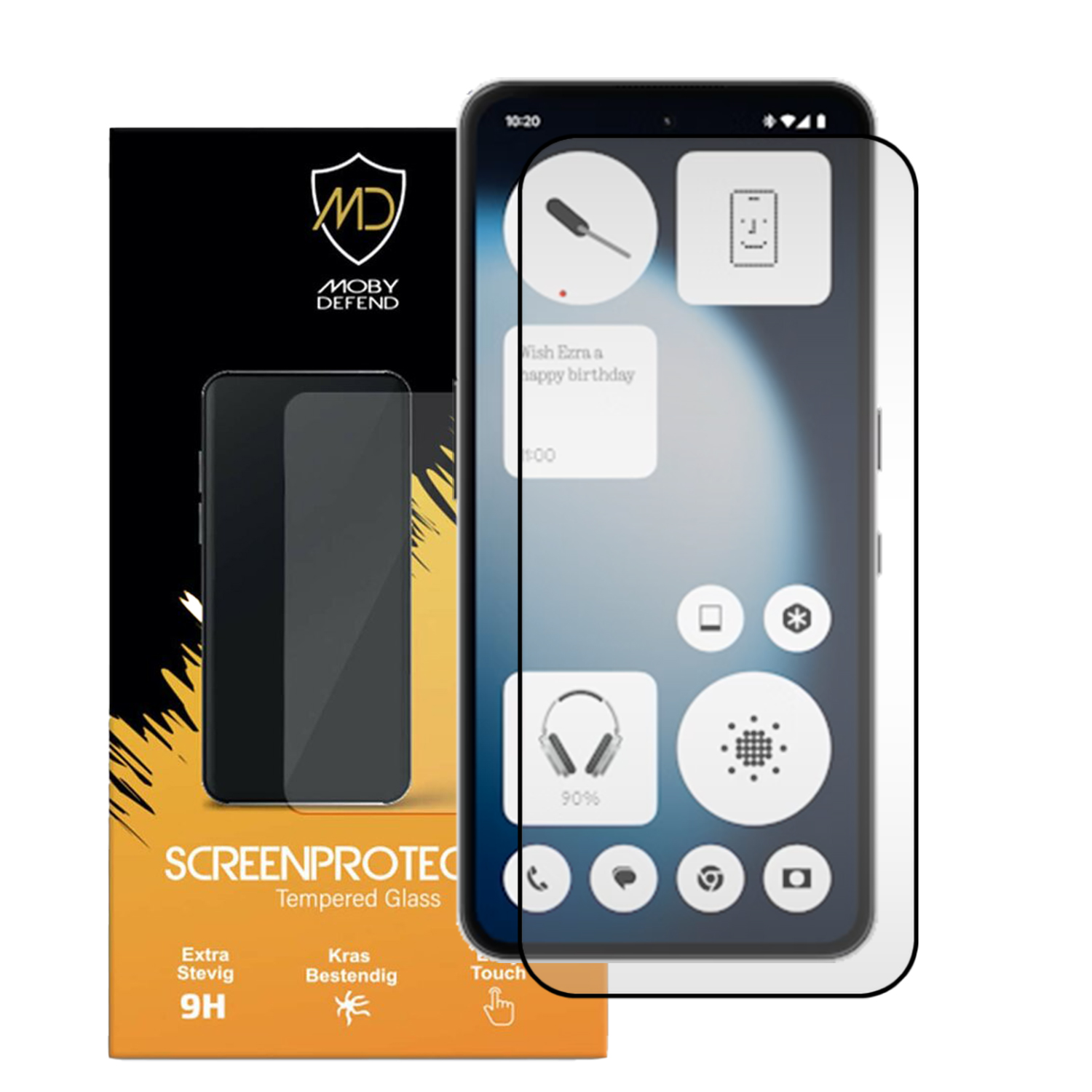 Een telefoon met een schermbeschermer naast de doos. Op de doos staat 'SCREENPROTECT' en 'MOBY DEFEND'. Het scherm toont widgets.