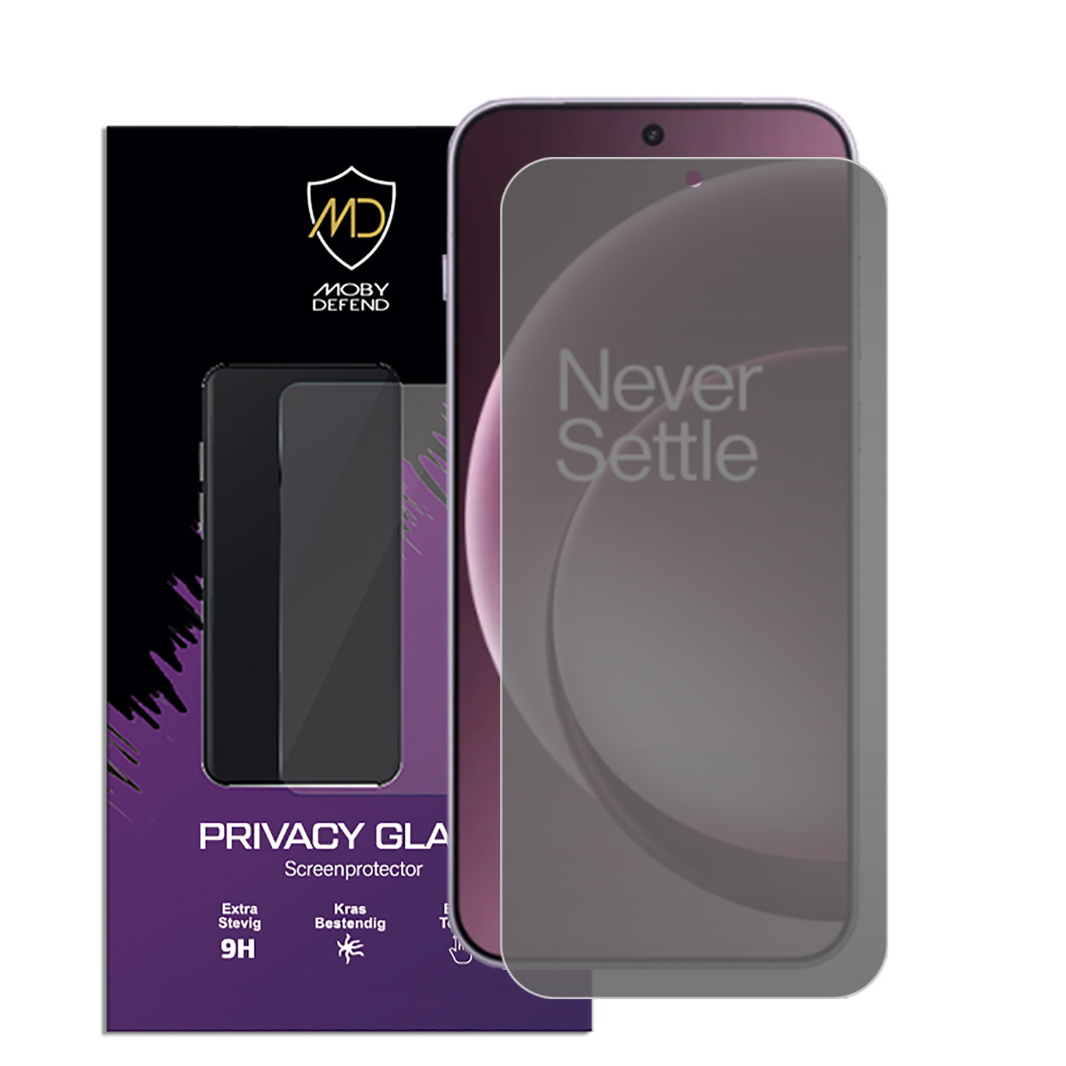Een telefoon met een schermbeschermer en een doos met de merknaam Moby Defend. Het scherm toont 'Never Settle'.