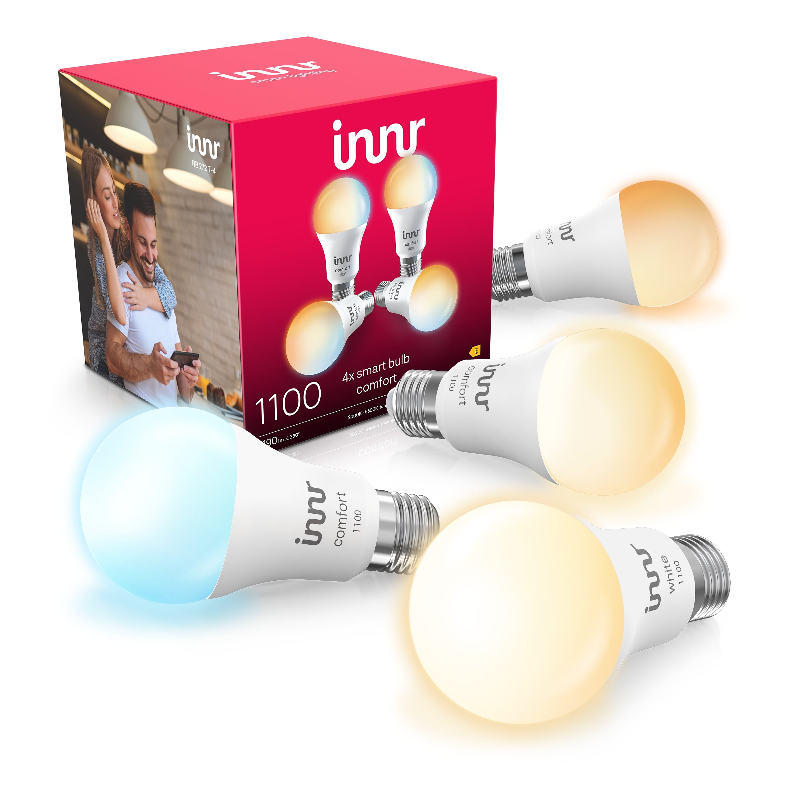 Een rode doos met slimme lampen en vier zichtbare lampen in verschillende kleuren: blauw, geel en wit.
