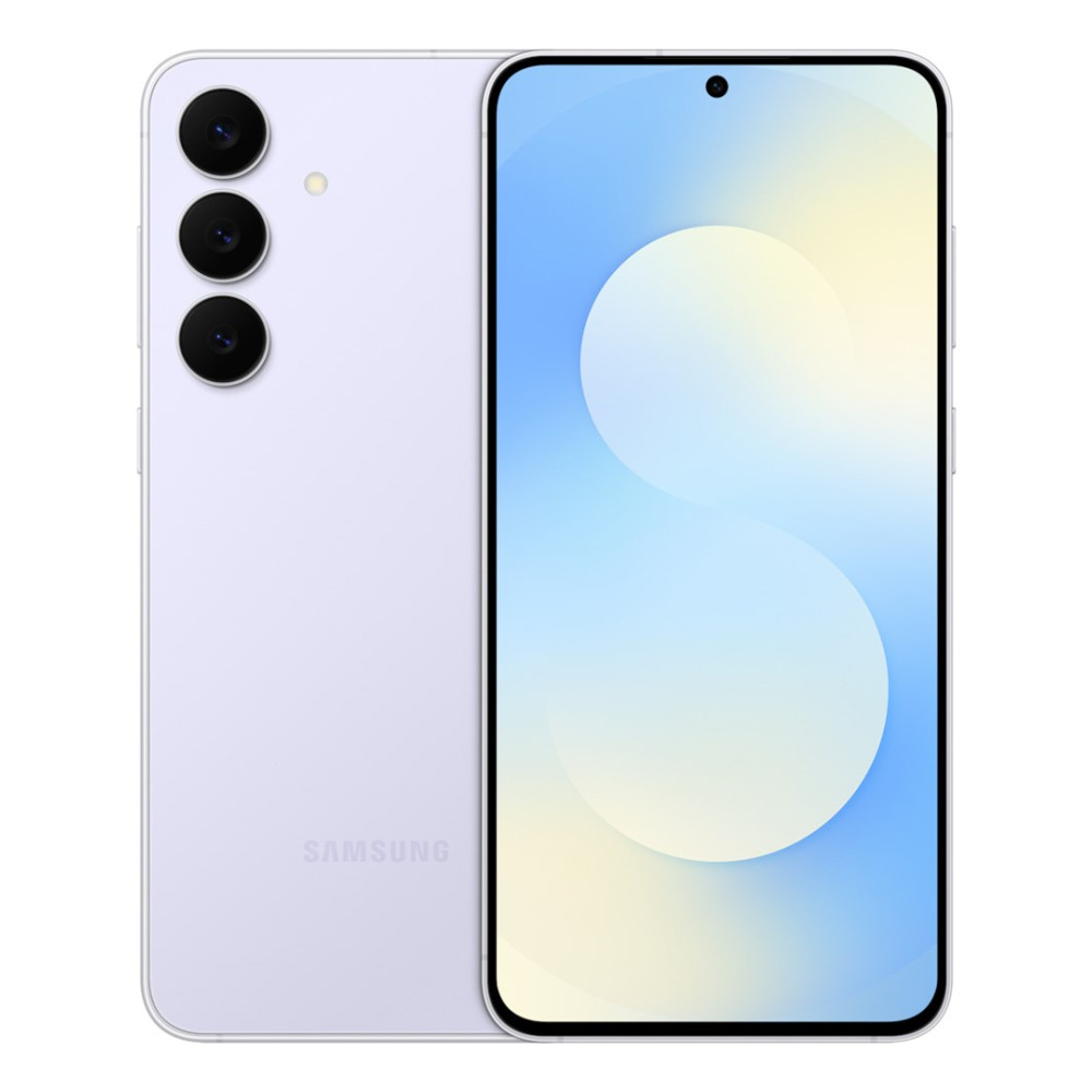 Ein hellviolettes Samsung-Telefon, Vorder- und Rückansicht. Die Vorderseite zeigt einen Bildschirm mit Blau- und Weißverläufen. Die Rückseite hat drei Kameras.