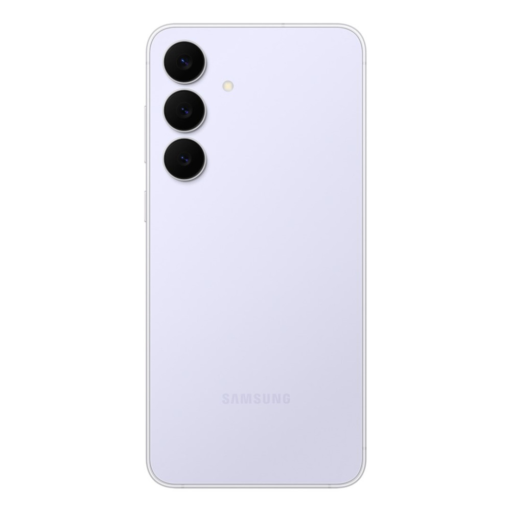 Tył jasnofioletowego telefonu Samsung. Ma trzy obiektywy aparatu i lampę błyskową. Logo Samsung znajduje się na dole.