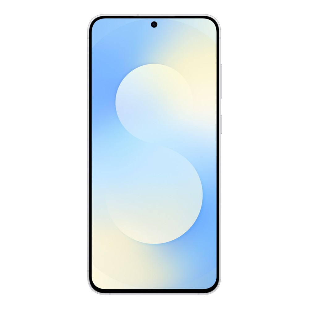 Ein Smartphone mit gebogenem Bildschirm. Der Bildschirm zeigt einen Farbverlauf aus Blau und Gelb mit einem weißen kreisförmigen Design.