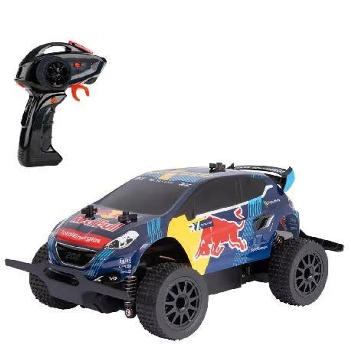 Une voiture télécommandée Red Bull bleue et rouge avec une télécommande noire. La voiture a de grandes roues et un aileron.