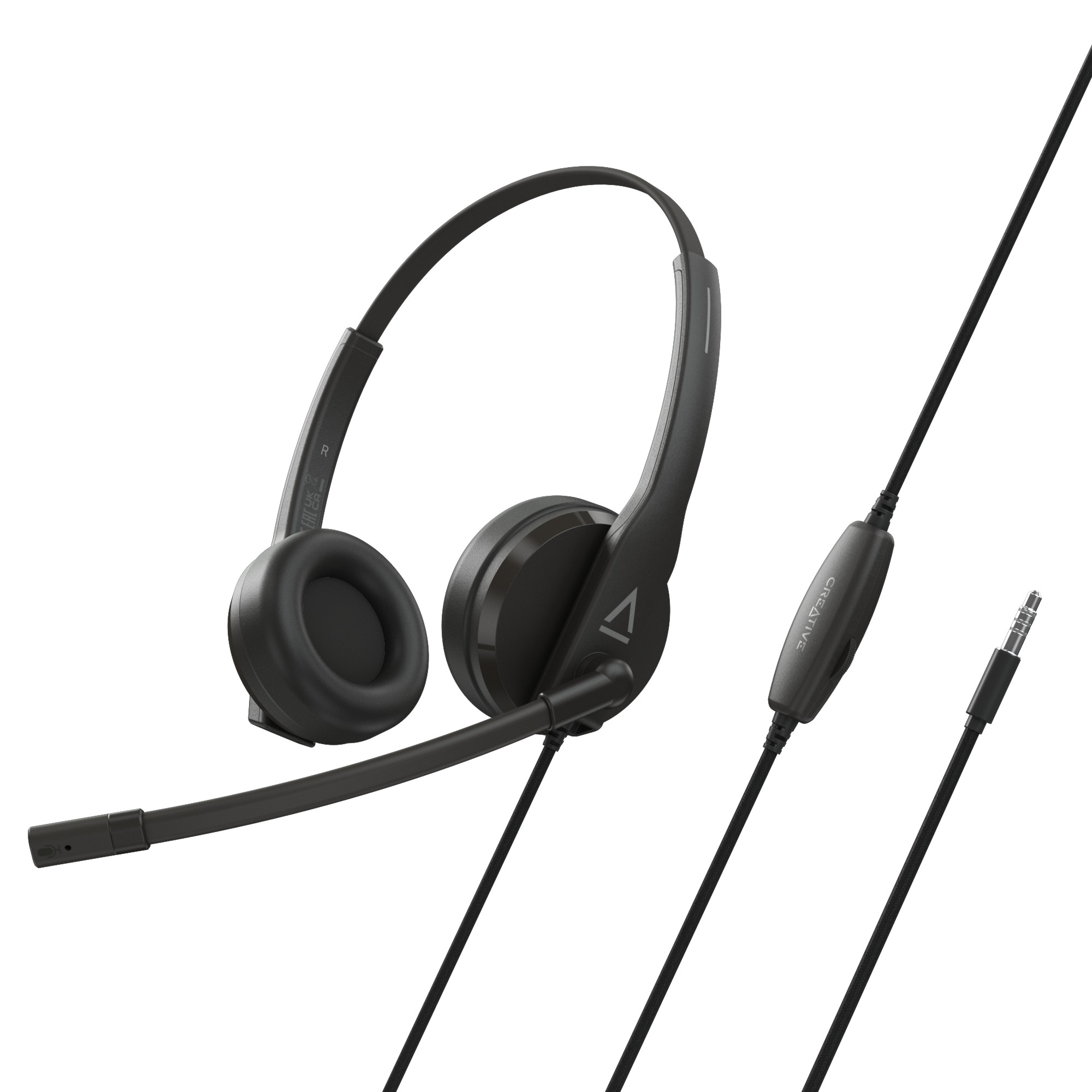 Ein schwarzes Creative-Headset mit Mikrofon. Es hat ein einseitiges Design und ein Kabel mit einem Steuermodul.