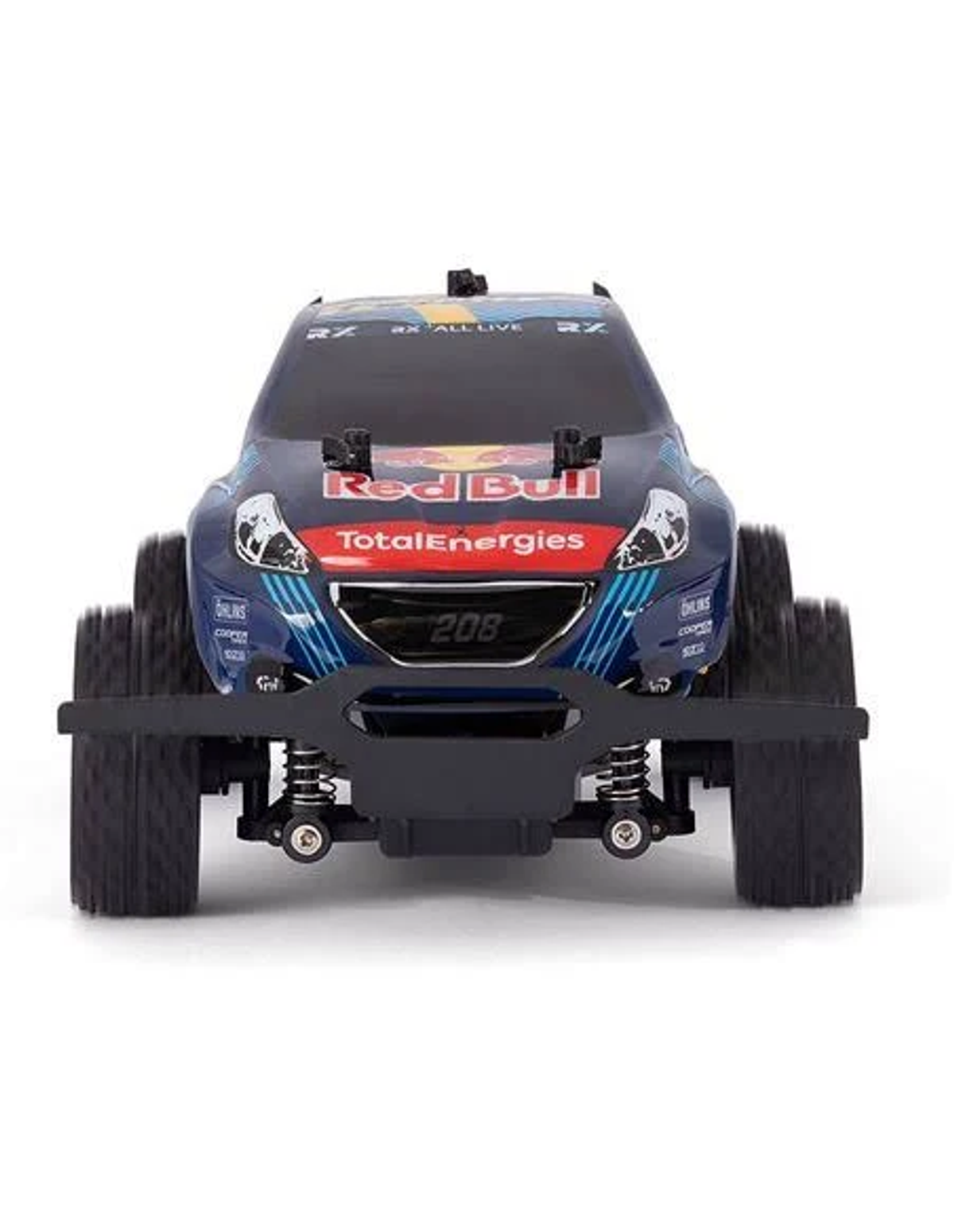 Une voiture de course Red Bull bleue et rouge jouet. Elle a de gros pneus, le numéro 208 et des logos de sponsors.