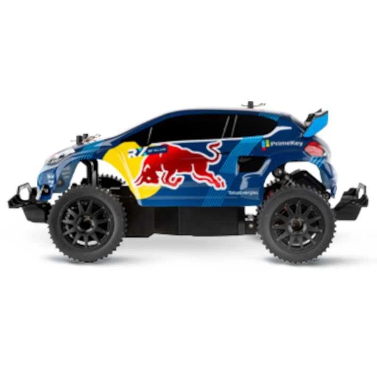 Une voiture télécommandée bleue et jaune avec des roues noires, le logo Red Bull et la marque PrimeKey.
