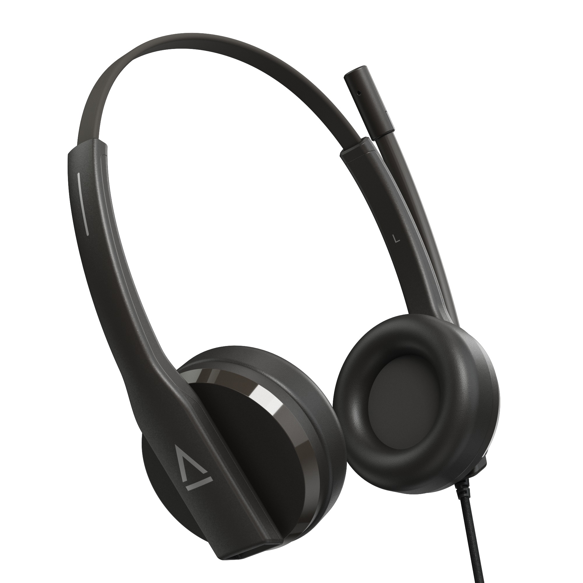 Ein schwarzes Headset mit Mikrofon. Die Ohrmuscheln sind rund, und das Kopfband wölbt sich nach oben.