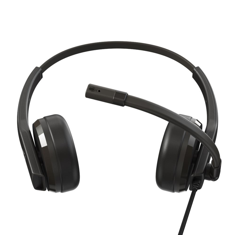 Schwarzes Headset mit Mikrofon. Es hat Ohrmuscheln, ein Kopfband und einen flexiblen Mikrofonarm. Ein schwarzes Kabel erstreckt sich von der rechten Ohrmuschel.