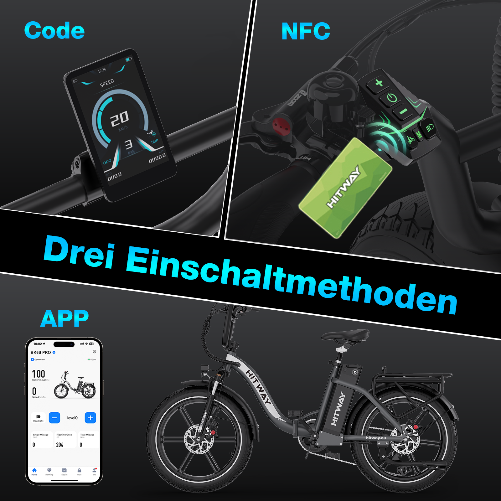 Afbeelding toont een e-bike, met details van de besturingsmethoden: code, NFC en APP. Snelheid, batterij en andere statistieken worden weergegeven.