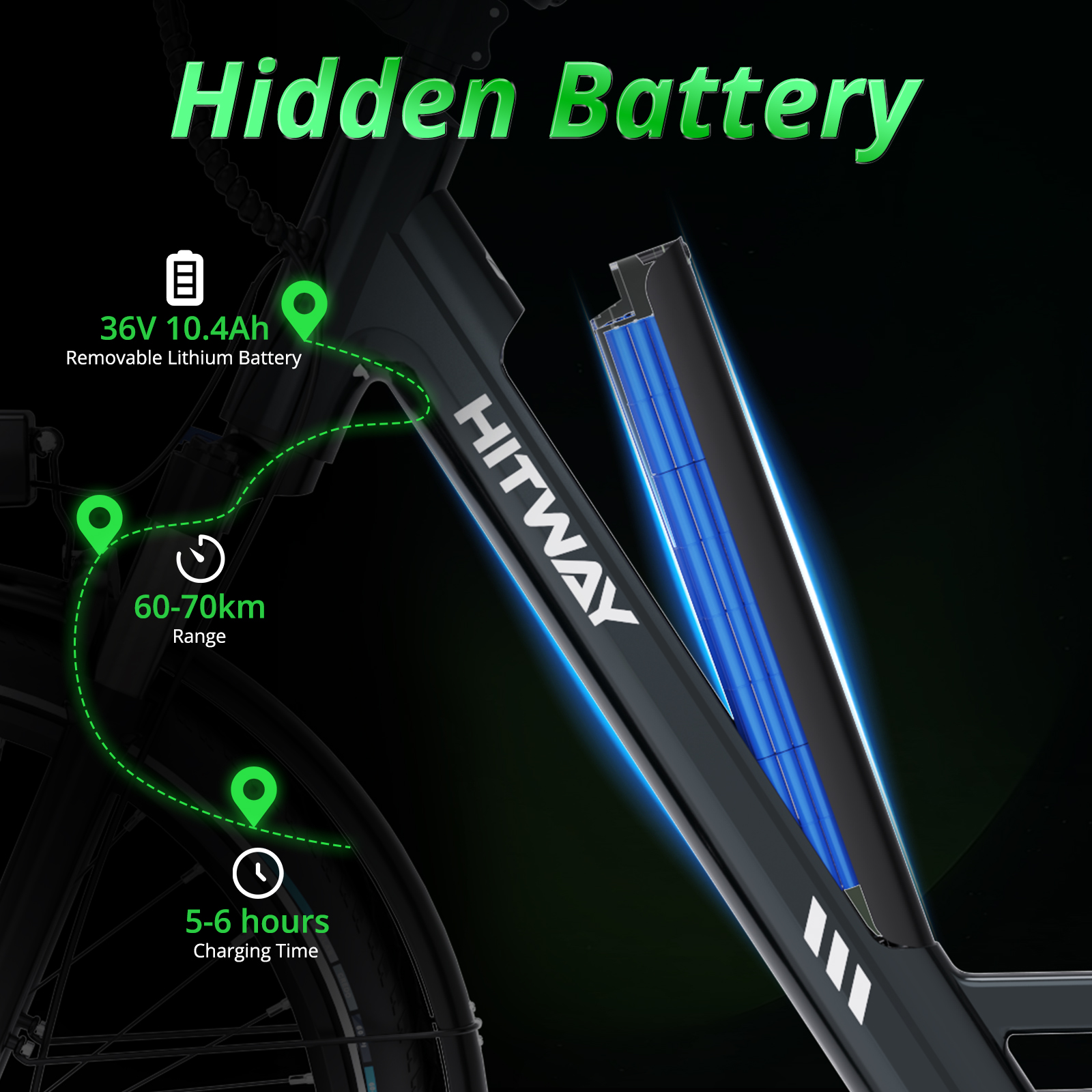Illustratie van een e-bike, met de nadruk op de verborgen batterij, het bereik en de oplaadtijd.