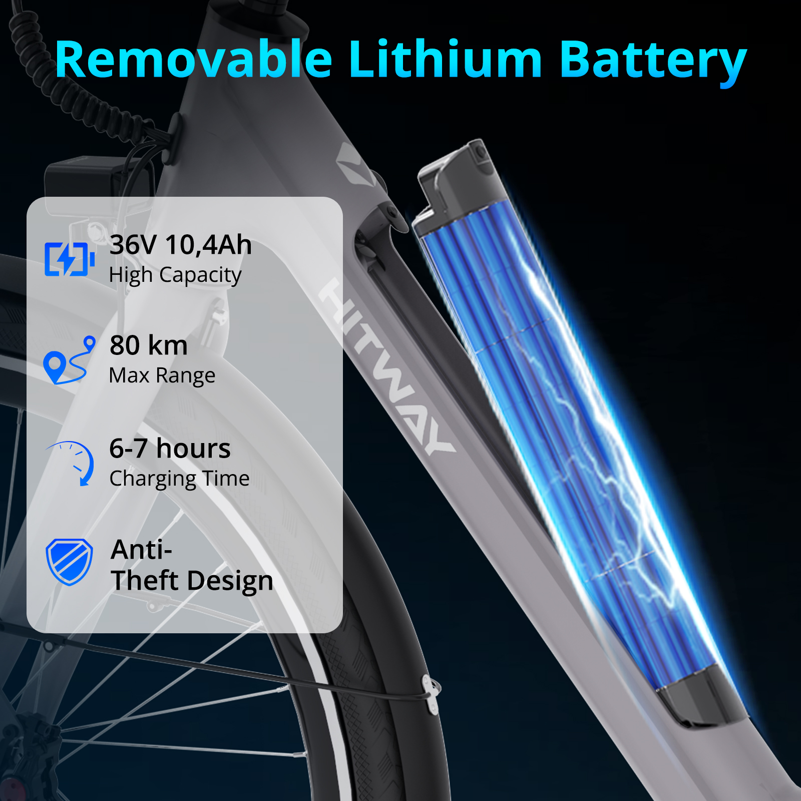 Afbeelding toont een uitneembare lithiumbatterij op een fietsframe. Details zijn 36V, 10,4Ah, 80km bereik, 6-7 uur opladen en anti-diefstal ontwerp.