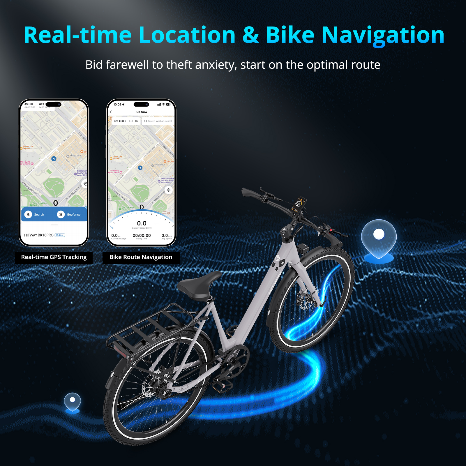 Een e-bike met een GPS-scherm, met twee telefoonschermen die een kaart laten zien. De e-bike heeft een bagagerek en de achtergrond is donker.
