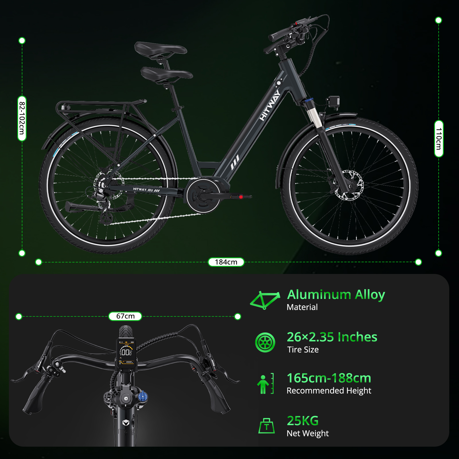 Een zwarte HITWAY elektrische fiets met afmetingen en specificaties weergegeven op een donkergroene achtergrond.