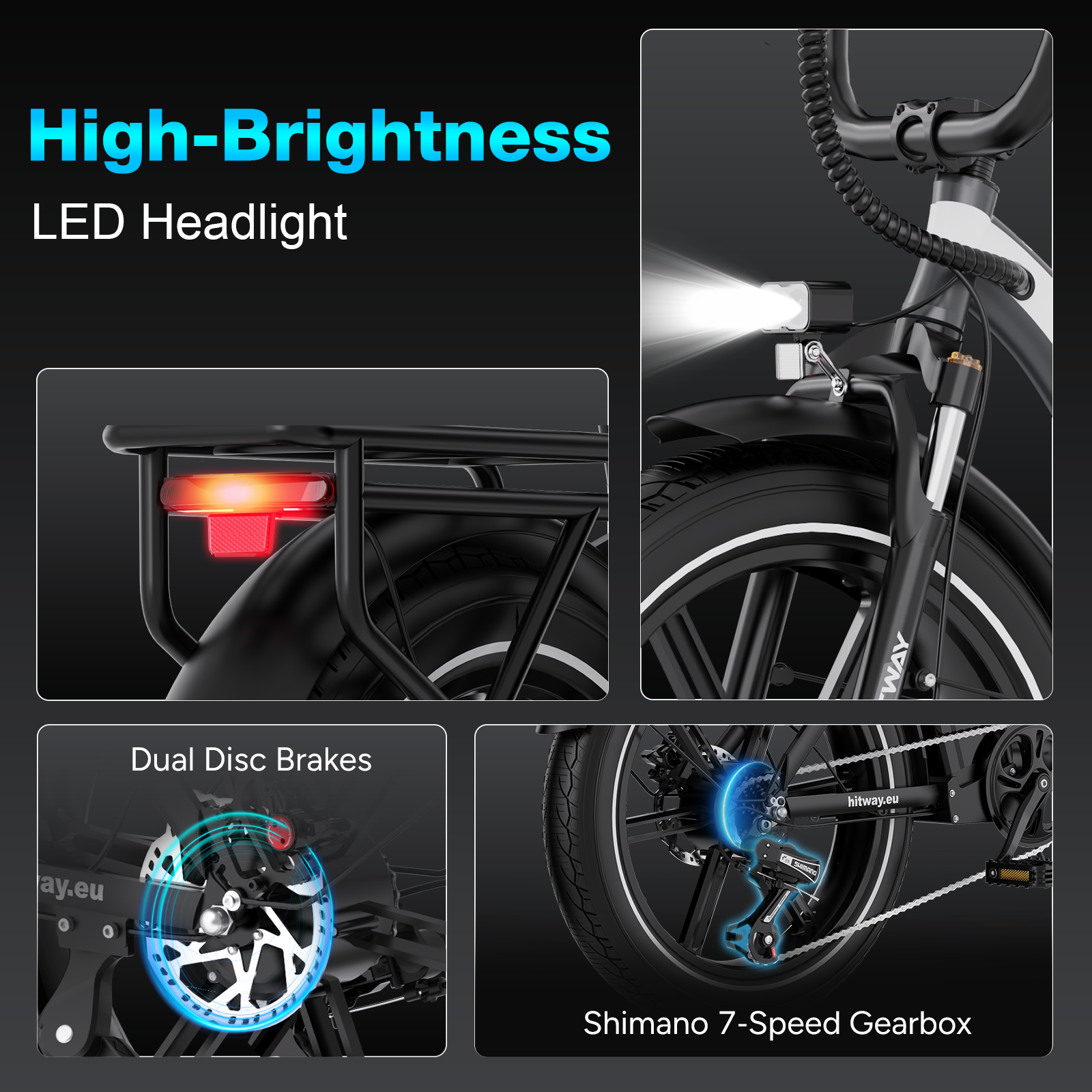 Elektrische fiets met LED-koplamp, schijfremmen en Shimano 7-versnellingsbak, in detail.