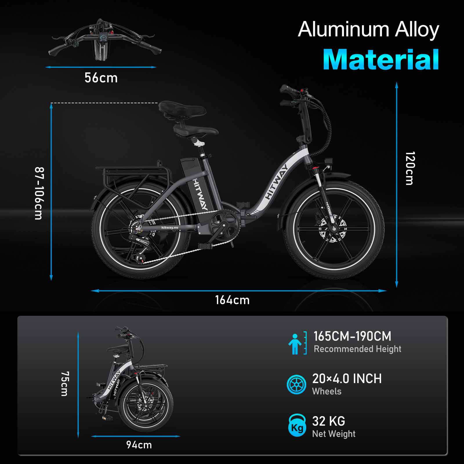 Een e-bike met afmetingen. Details: 56cm stuur, 164cm lengte, 120cm hoogte en 32kg nettogewicht.