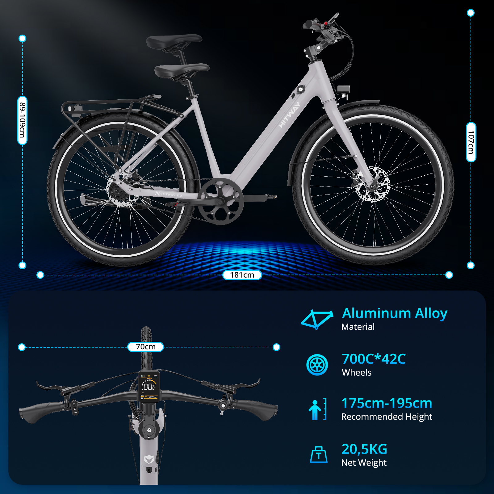 Een grijze HITWAY elektrische fiets met zwarte banden, bagagerek en zadel, afmetingen op een donkerblauwe achtergrond.