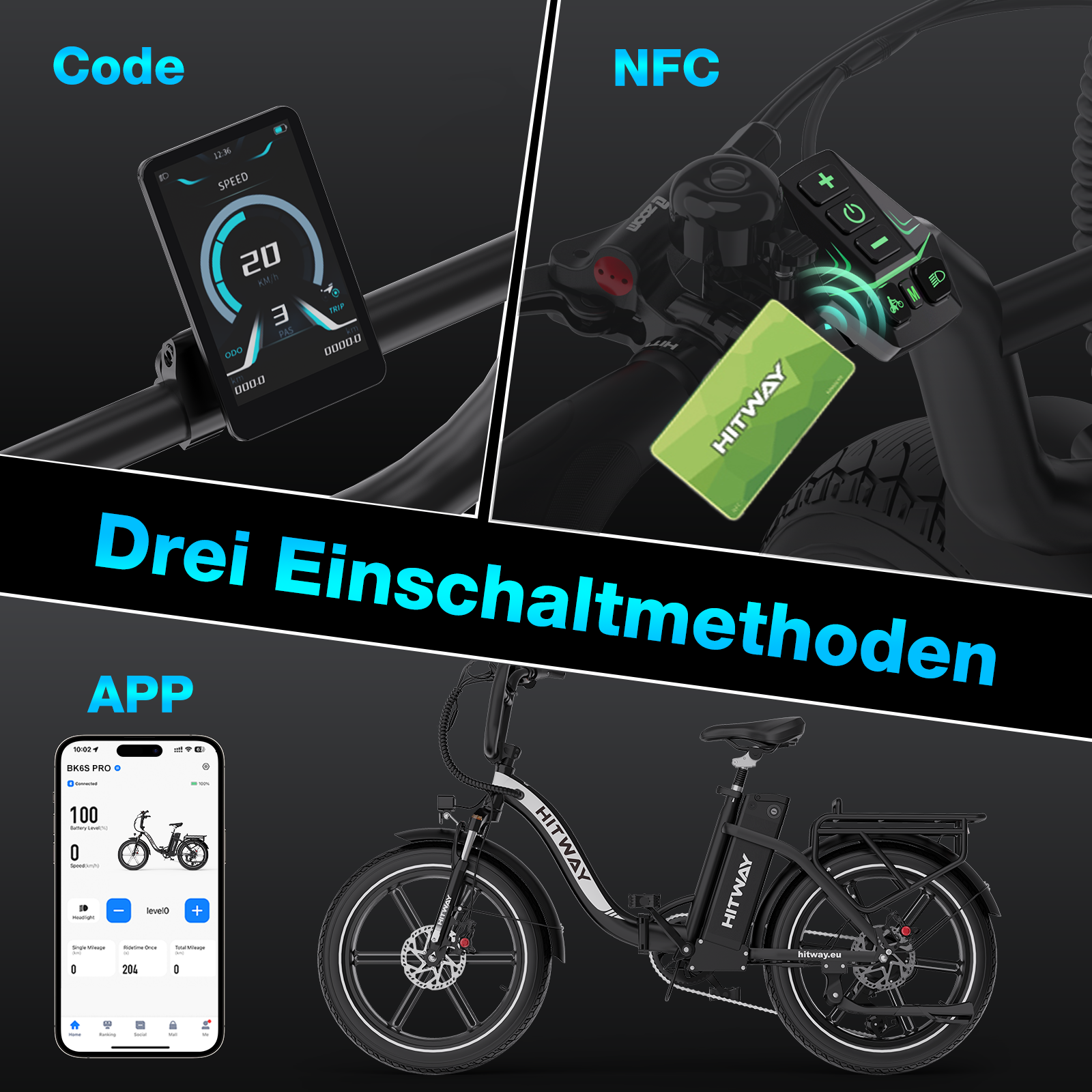 Afbeelding toont een e-bike, met code, NFC en app activeringsmethoden. De fiets is zwart met witte accenten en HITWAY branding.