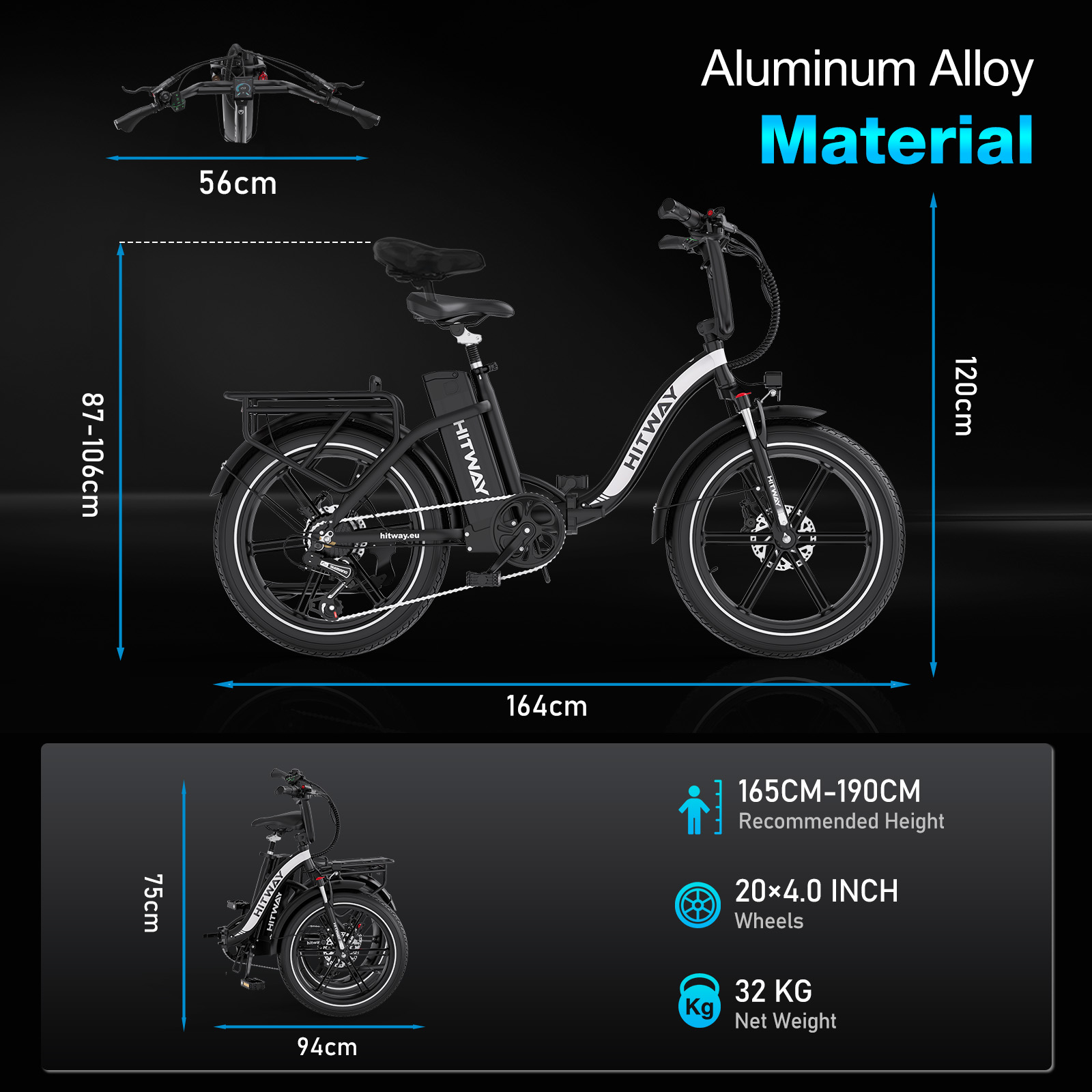 Zwarte HITWAY e-bike, afmetingen aangegeven. Voorzien van 20x4,0 inch wielen en 32 KG nettogewicht.