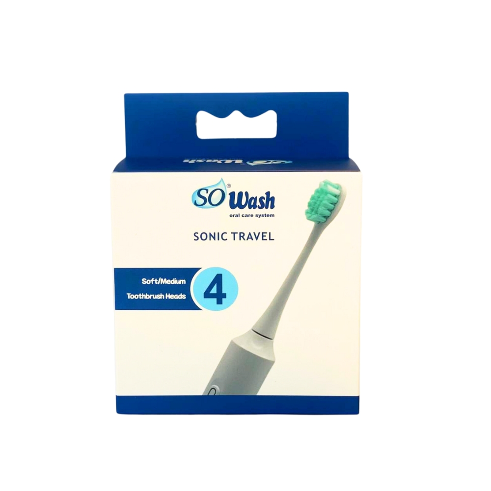 Una scatola di testine per spazzolino SO Wash Sonic Travel. La scatola ha uno spazzolino sul lato destro. La scatola è bianca e blu.