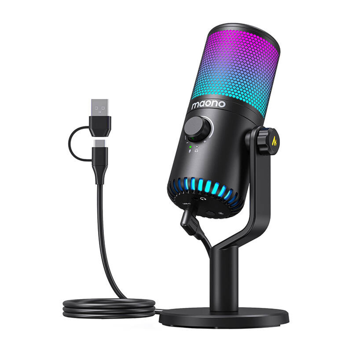 Een zwarte Maono-microfoon met een kleurrijke bovenkant en blauwe lichten. Een zwarte kabel verbindt hem met USB- en USB-C-connectoren.