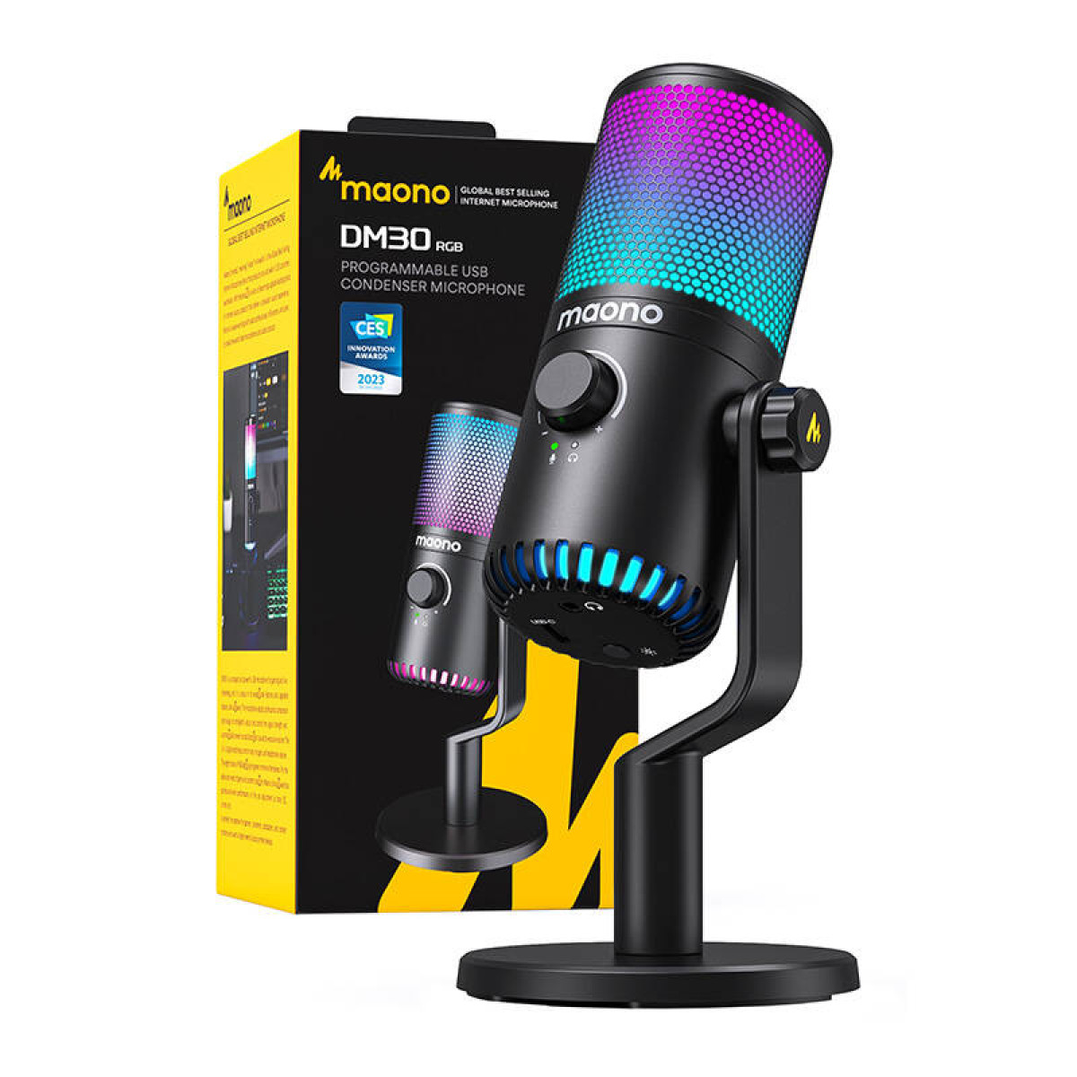 Een zwarte Maono DM30 RGB microfoon met kleurrijke LED-verlichting, een standaard en een productdoos.