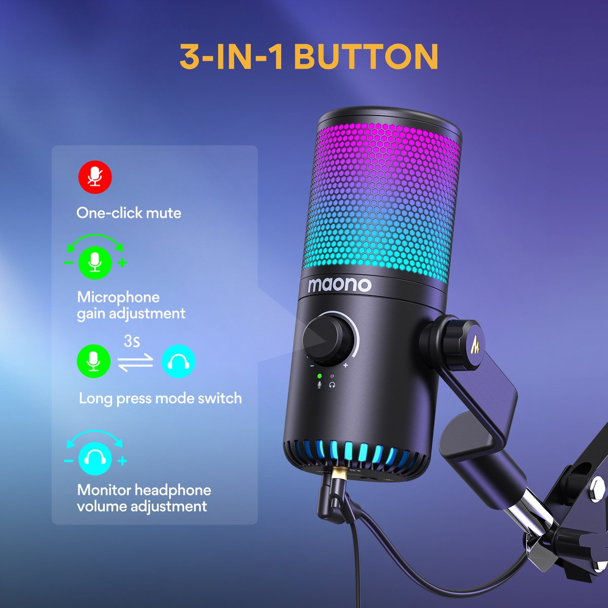 A black Maono microphone with colorful top lighting. Features include mute, gain adjustment, and mode switch controls with text labels.