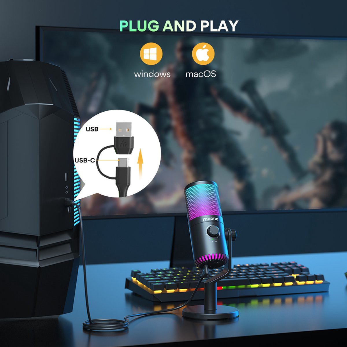 A microphone with USB and USB-C connectors. It's connected to a PC. A keyboard is in front, and a monitor in the background.